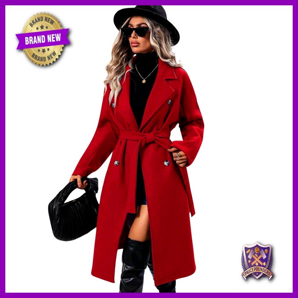 Wool Pea Coat Double Breasted Trench Notched Lapel Belted Winter Overcoat